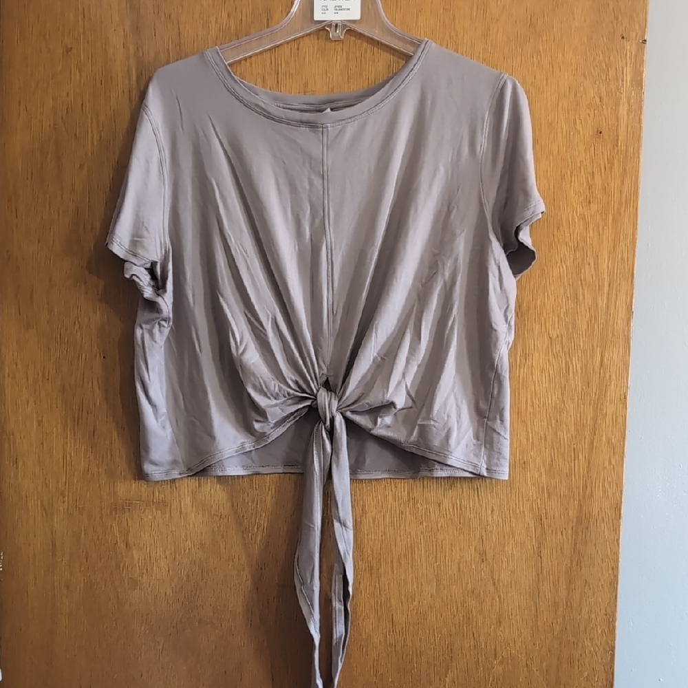 Tan Gray Tie Front Crop Short Sleeve Blouse